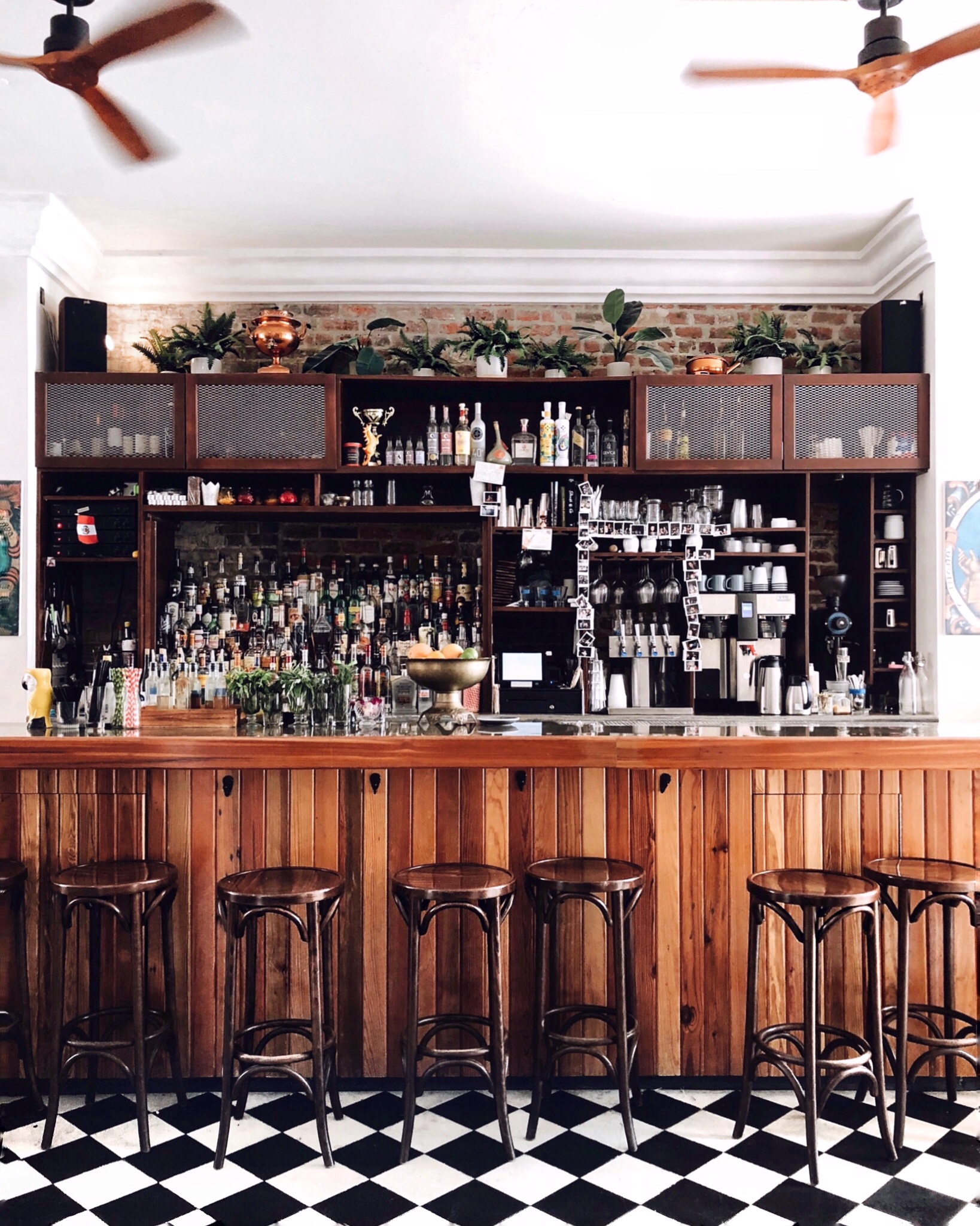 a bar with stools and shelves of bottles
